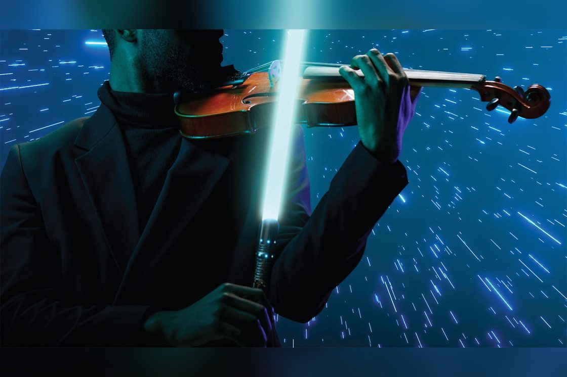 A violinist with a glowing light sabre, promo image for Star Wars and Beyond at the NAC